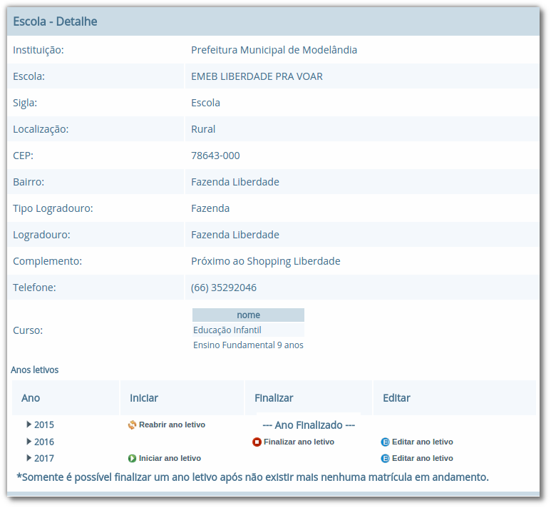 Lista de detalhes de uma escola cadastrada com os campos "Instituição", "Escola", "Sigla", "Localização", "CEP", "Bairro", "Tipo Logradouro", "Logradouro", "Complemento", "Telefone", "Curso", informações condensadas de anos letivos, com opções "Iniciar", "Finalizar" e "Editar"