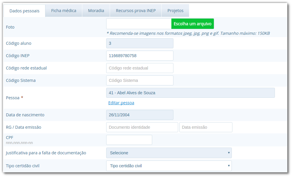 Lista de informações parciais de cadastro de aluno no modo edição com os campos "Foto", "Código aluno", "Código INEP", "Código rede estadual", "Código Sistema", "Pessoa", "Data de nascimento", "RG / Data emissão", "CPF", "Justificativa para a falta de documentação" e "Tipo certidão civil"