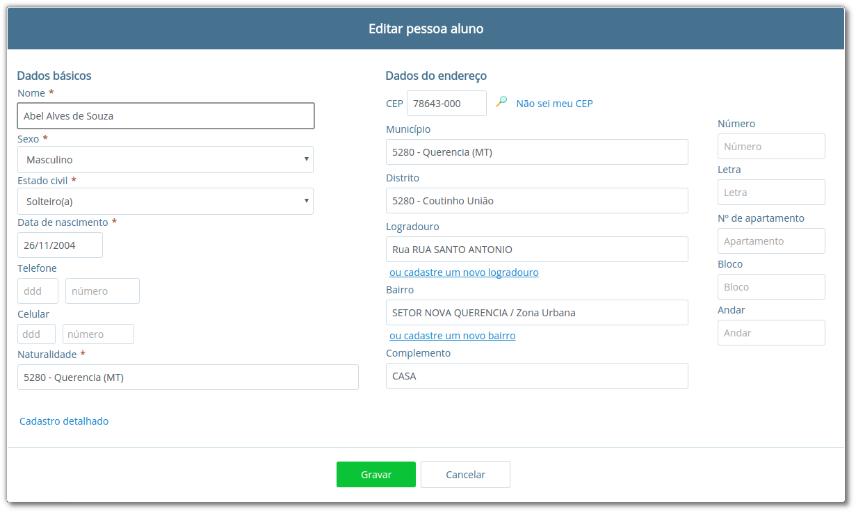 Formulário para cadastro rápido de alunos com abas "Ficha médica", "Moradia", "Recursos prova INEP" e "Projetos", com os campos "Nome", Sexo", "Estado civil", "Data de nascimento", "Telefone", "Celular", "Naturalidade", "Dados do endereço", "CEP", "Município", "Distrito", "Logradouro", "Bairro", "Complemento", "Número", "Letra", "Número do apartamento", "Bloco" e "Andar"