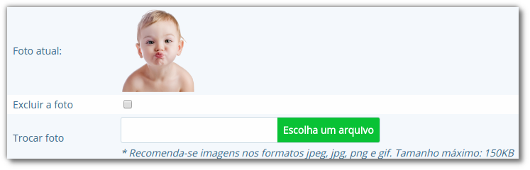 Formulário para alteração de foto de aluno com exibição de foto atual de exemplo, com os campos "Foto atual", "Excluir a foto" e "Trocar foto", com botão "Escolha um arquivo"