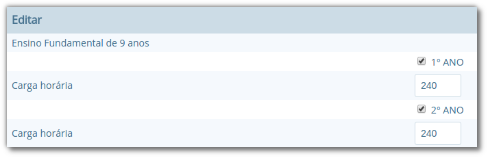 Formulário para editar anos escolas na disciplina de matemática, com os campos "Ensino Fundamental de 9 anos", incluindo a carga horária para cada ano, por exemplo "Primeiro ano", "Segundo ano" e assim por diante