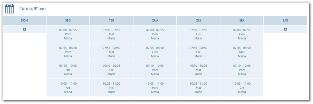 Calendário com divisão por dias da semana, segmentado por horário e matéria com o nome do professor