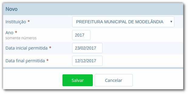 Formulário para bloqueio de ano letivo, com os campos "Instituição", "Ano", "Data inicial permitida" e "Data final permitida", com botões "Salvar" e "Cancelar"