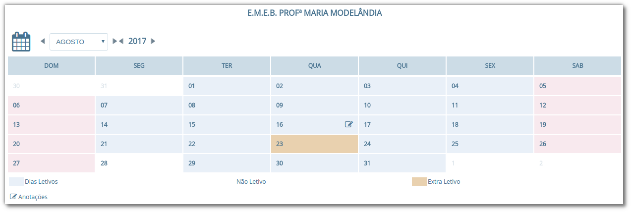 Calendário do ano letivo, com anotações e marcações de anos letivos e não letivos