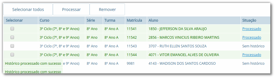 Listagem de alunos com histórico processado e não processado, com as colunas "Curso", "Série", "Turma", "Matrícula", "Aluno" e "Situação", com opção de seleção individual ou múltipla para cada aluno, com ações "Selecionar todos", "Processar" e "Remover"
