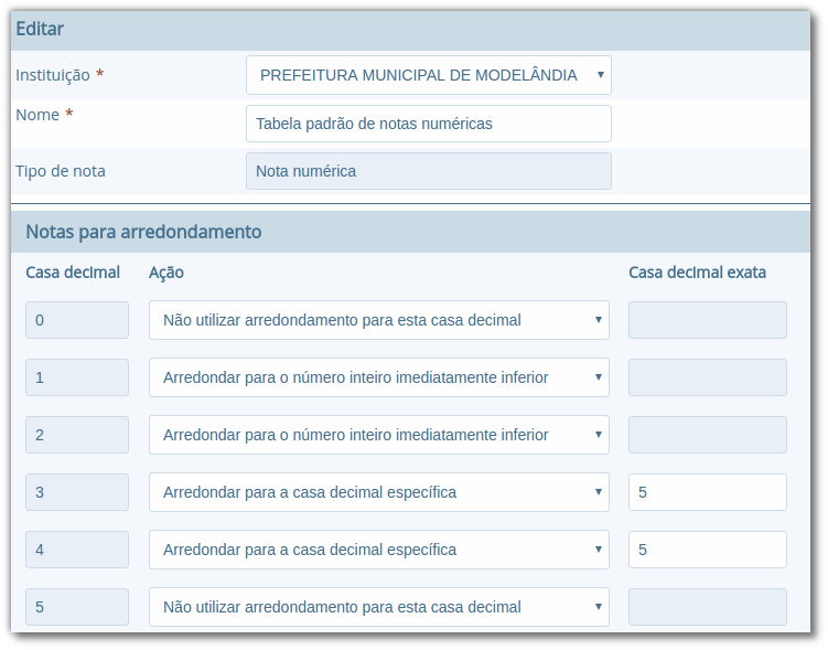Formulário para edição de tabela de arredondamento, com duas seções, como "Editar" e "Notas para arredondamento, sendo que na seção "Editar", com os campos "Instituição", "Nome" e "Tipo de nota" e na seção "Notas para arredondamento", com as colunas "Casa decimal", "Ação" e "Casa decimal exata"