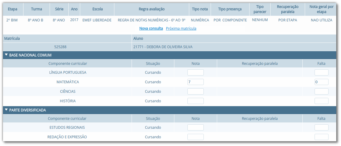 Formulário para lançamento de notas e falta para diversos componentes curriculares definido por matrícula