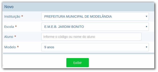 Formulário para busca de alunos com campos "Instituição", "Escola" e "Modelo" já preenchidos, aguardando campo "Aluno" ser preenchido